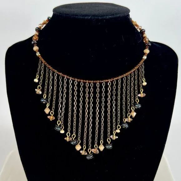 Vintage Y2K Brown Beaded Tassel Choker Necklace - Bohemian Fairy Grunge Jewelry - Picture 4 of 4